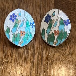 Cloisonné blue flowers and stems post earrings